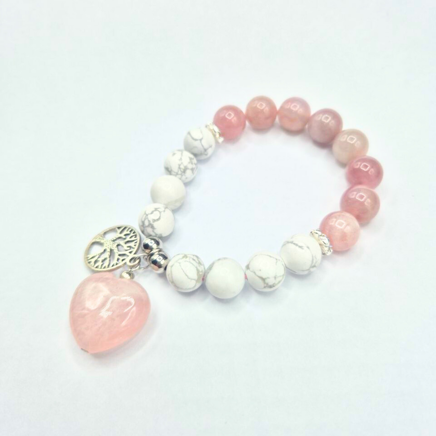 Love and Peace | Purple Rose Quartz and Howlite with Tree of Life and Rose Quartz Heart Charm