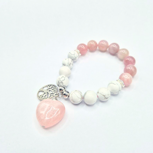 Love and Peace | Purple Rose Quartz and Howlite with Tree of Life and Rose Quartz Heart Charm