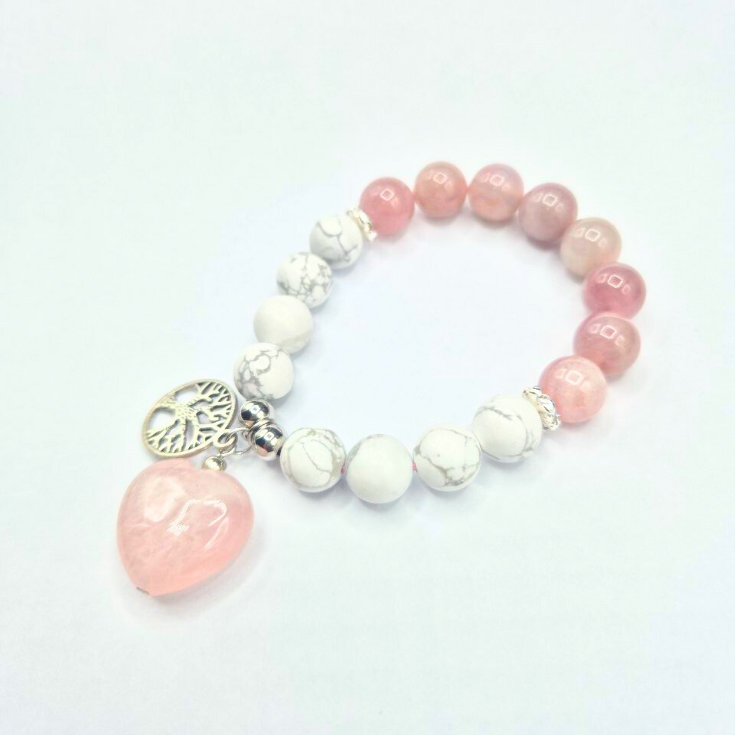 Love and Peace | Purple Rose Quartz and Howlite with Tree of Life and Rose Quartz Heart Charm