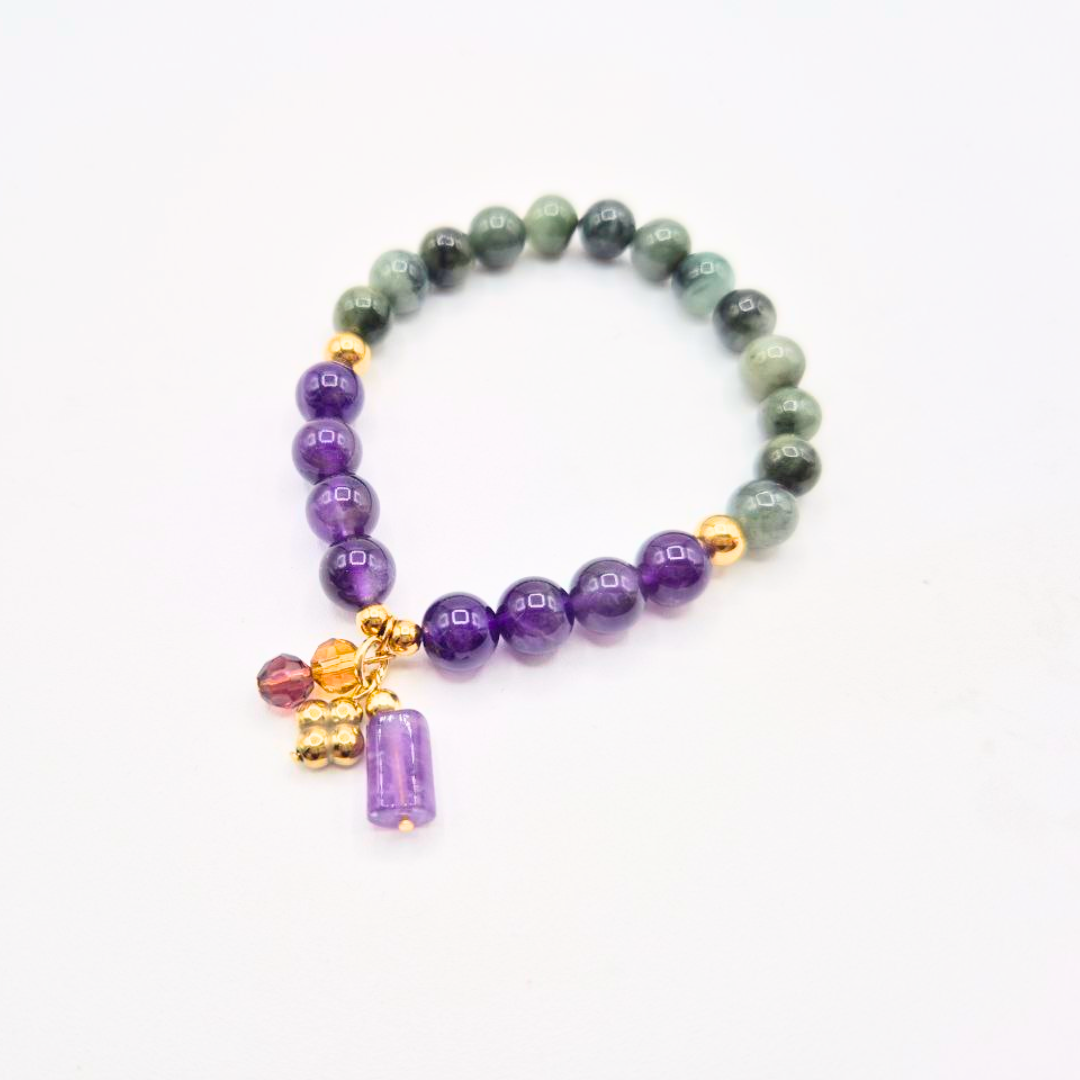 Healing and Abundance | Amethyst and Jade with Lucky Hematite Clover Charm