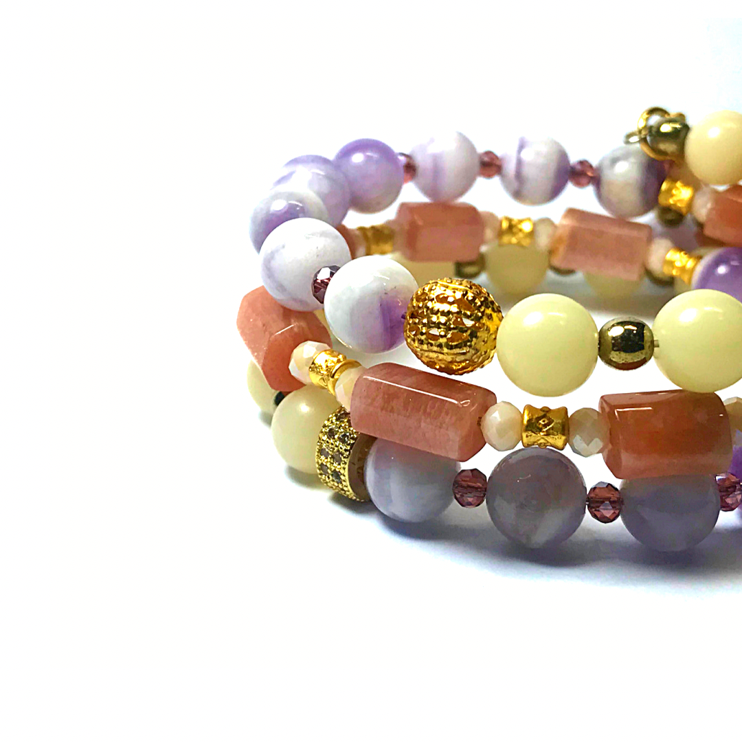 Dream Amethyst, Bodhi Seed, Sunstone Rolled Bracelet