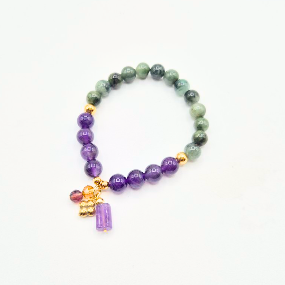 Healing and Abundance | Amethyst and Jade with Lucky Hematite Clover Charm