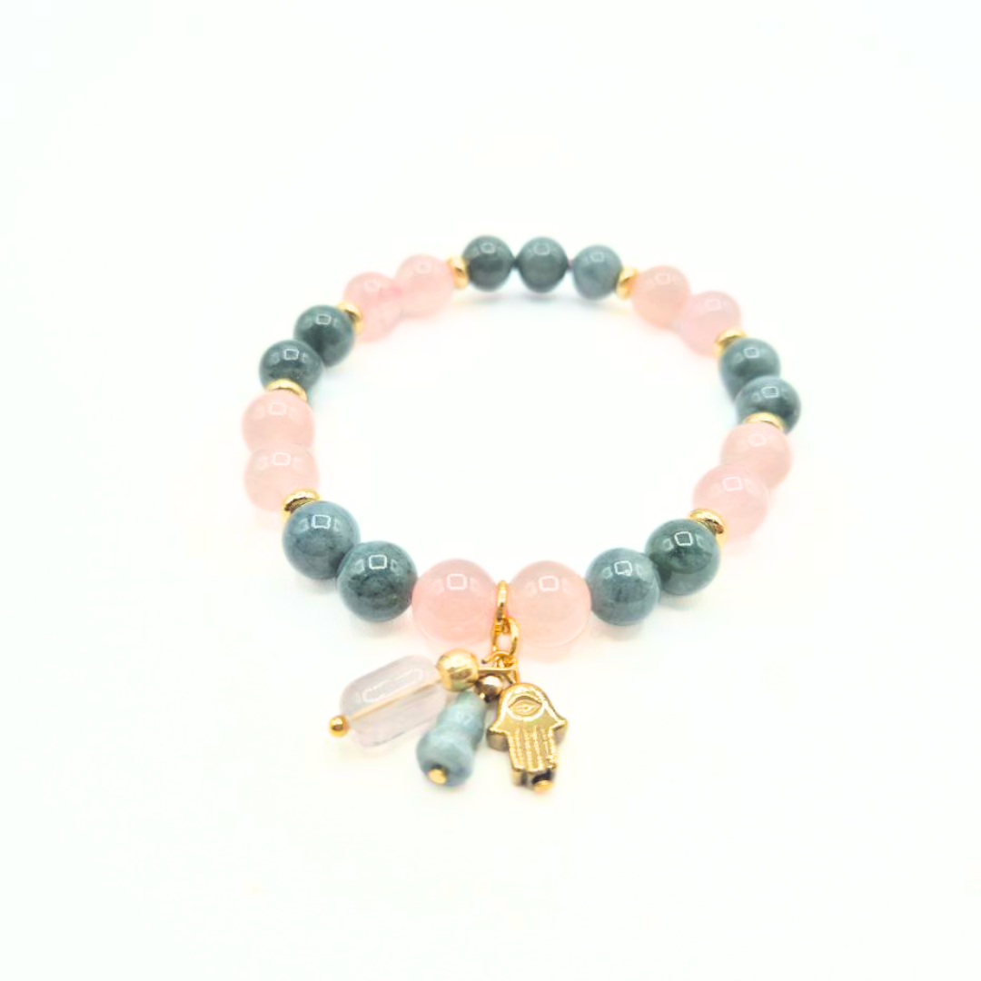 Love and Abundance | Rose Quartz and Blue Water Jade with Jade Wulou and Hematite Hamsa Charm