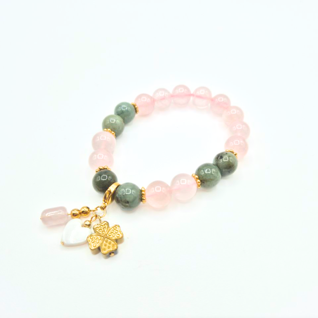 Love and Wealth | Rose Quartz and Jade with Abacus Rose Quartz, Hematite Clover, and Heart Shell Charms