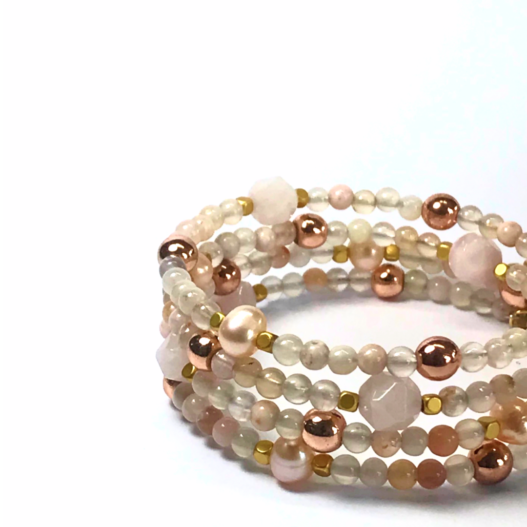 Flower Agate, Rose Quartz, Freshwater Pearl Rolled Bracelet