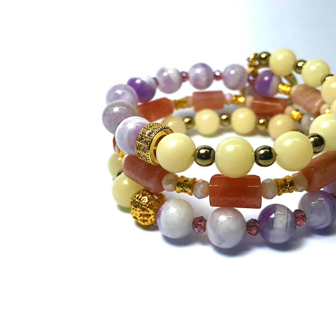 Dream Amethyst, Bodhi Seed, Sunstone Rolled Bracelet