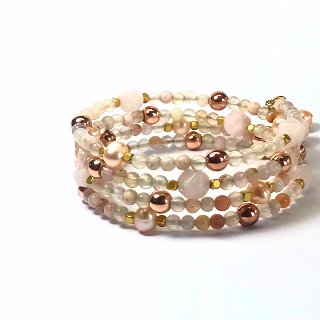 Flower Agate, Rose Quartz, Freshwater Pearl Rolled Bracelet