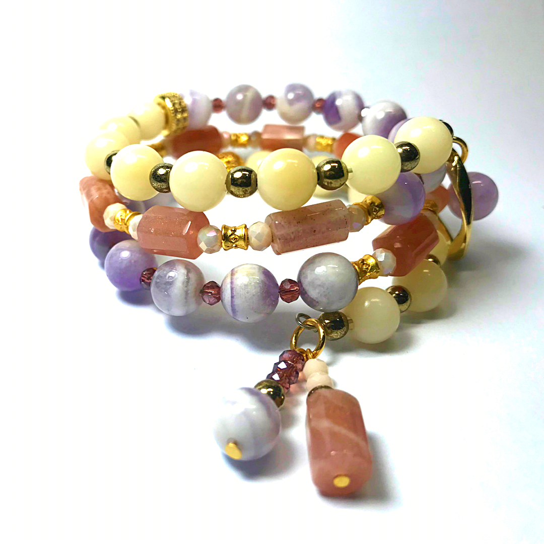 Dream Amethyst, Bodhi Seed, Sunstone Rolled Bracelet