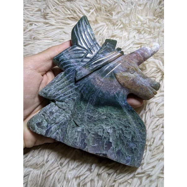 ocean jasper and moss agate unicorn carving