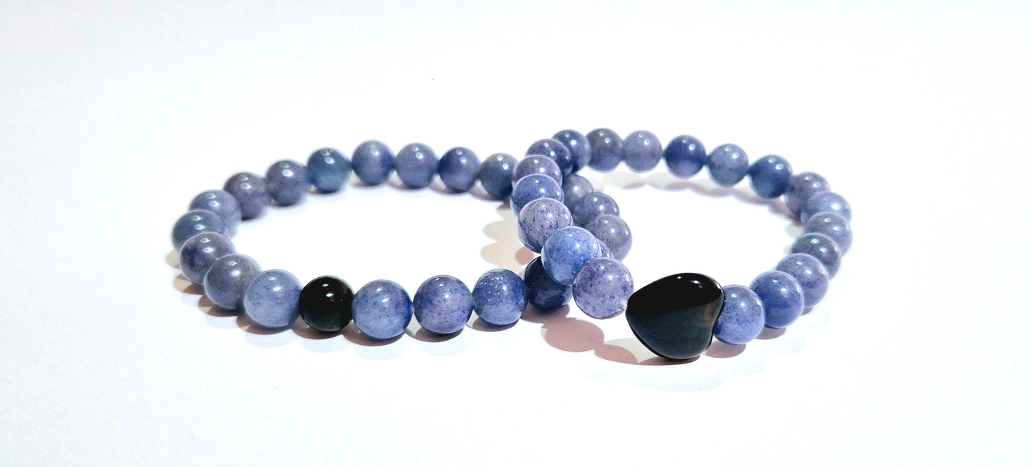 Distance Couple Bracelet Communication and Protection | Blue Aventurine with Black Obsidian Accent