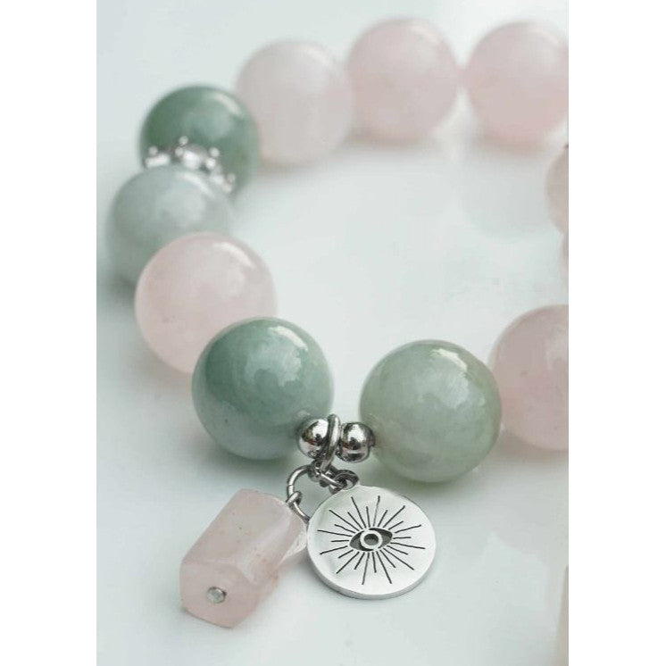 Rose Quartz and Jade Bracelet with evil eye charm