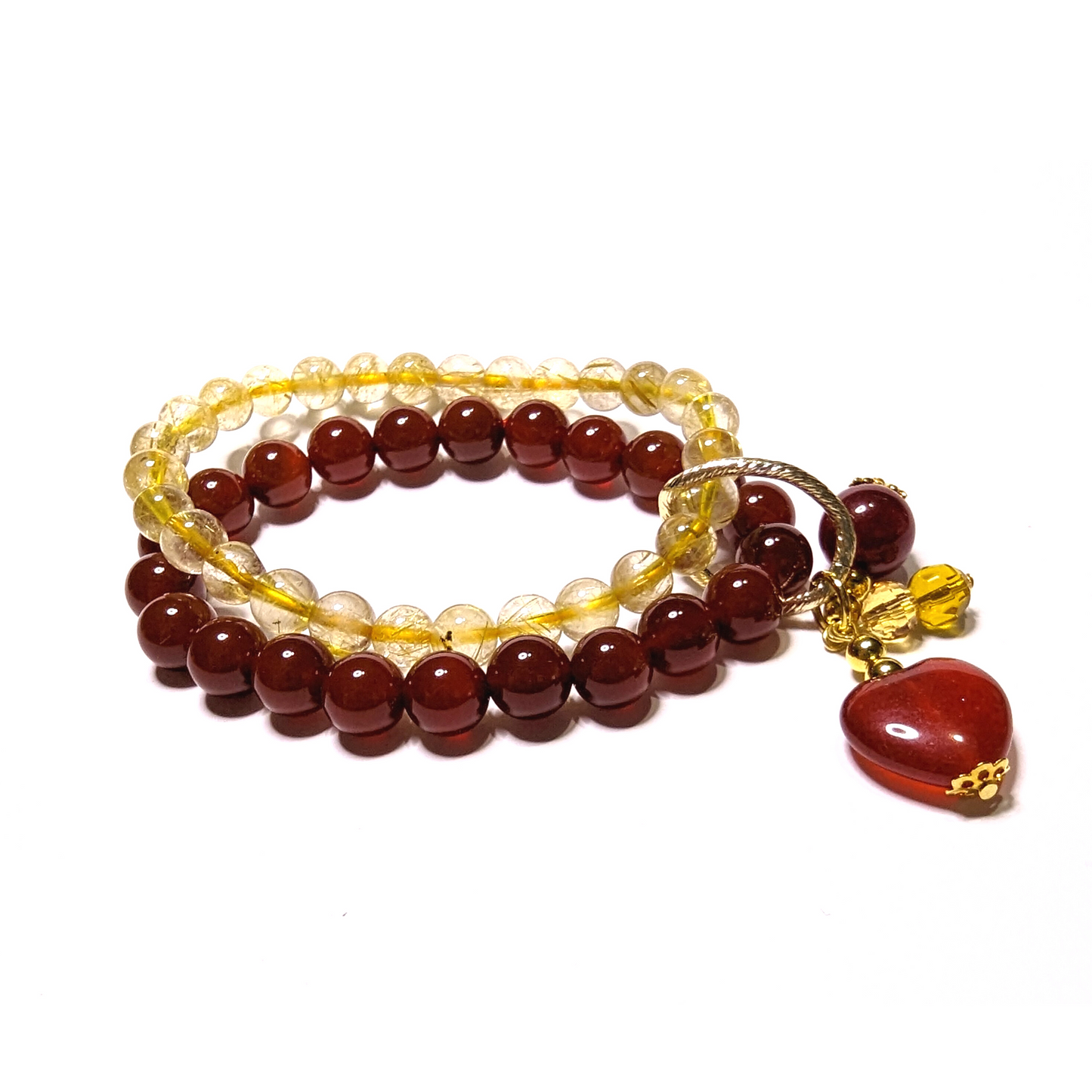 High Quality Rutilated Quartz and Red Agate Double Layer with Heart Charm