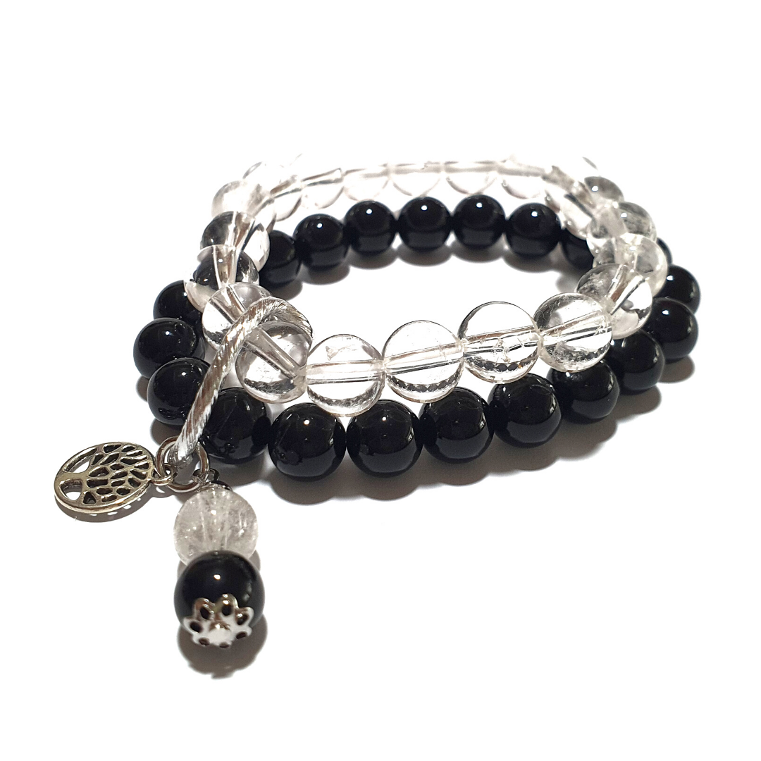 Onyx and Clear Quartz double layer gemstone bracelet