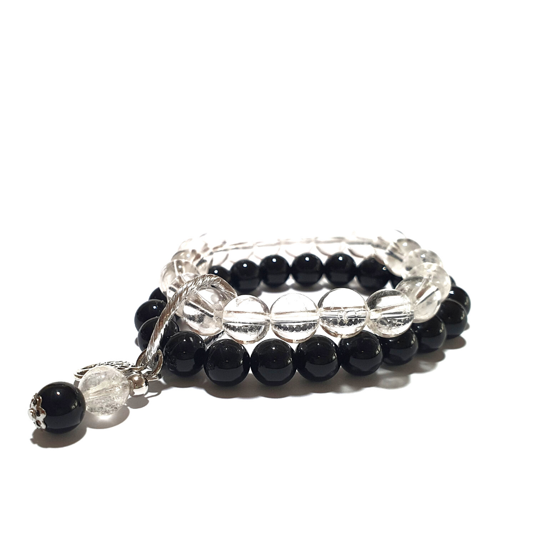 Onyx and Clear Quartz double layer gemstone bracelet