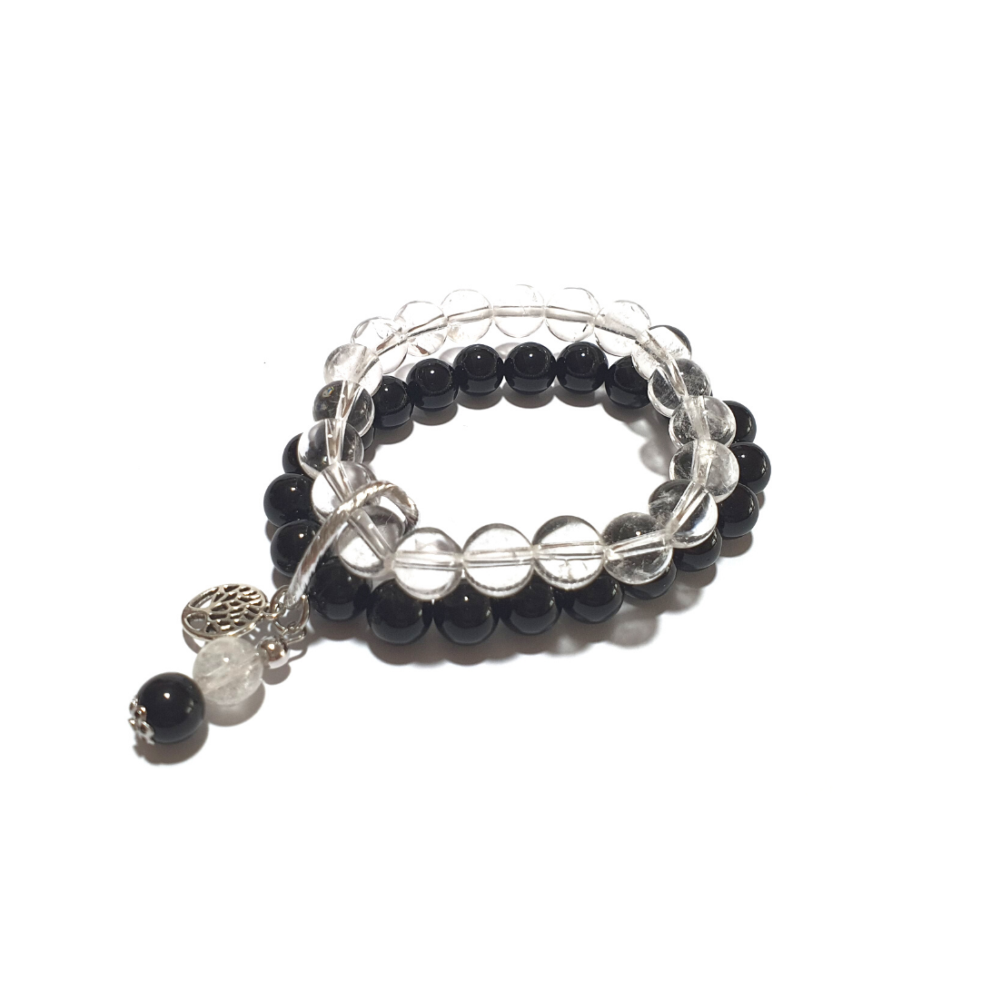 Onyx and Clear Quartz double layer gemstone bracelet