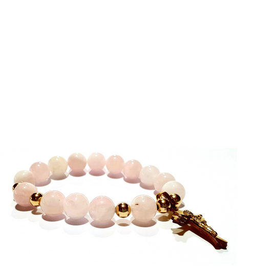 Rose Quartz rosary bracelet in 10K spacers and stainless Cross - Gems & stones ph