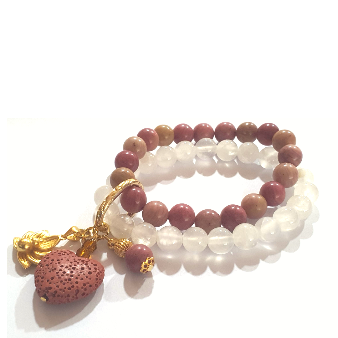 Selenite and rose grain wood two layer combination bracelet - Gems & stones ph