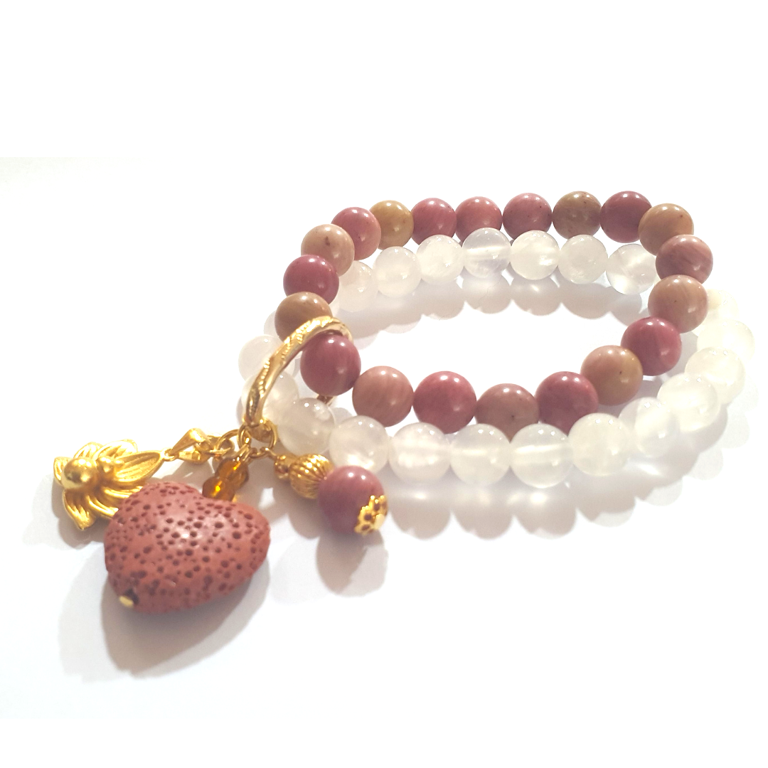 Selenite and rose grain wood two layer combination bracelet - Gems & stones ph
