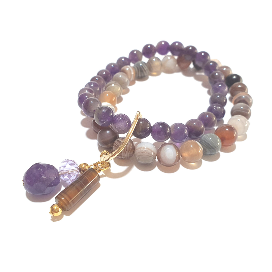 Amethyst and Botswana Agate double layer gemstone bracelet