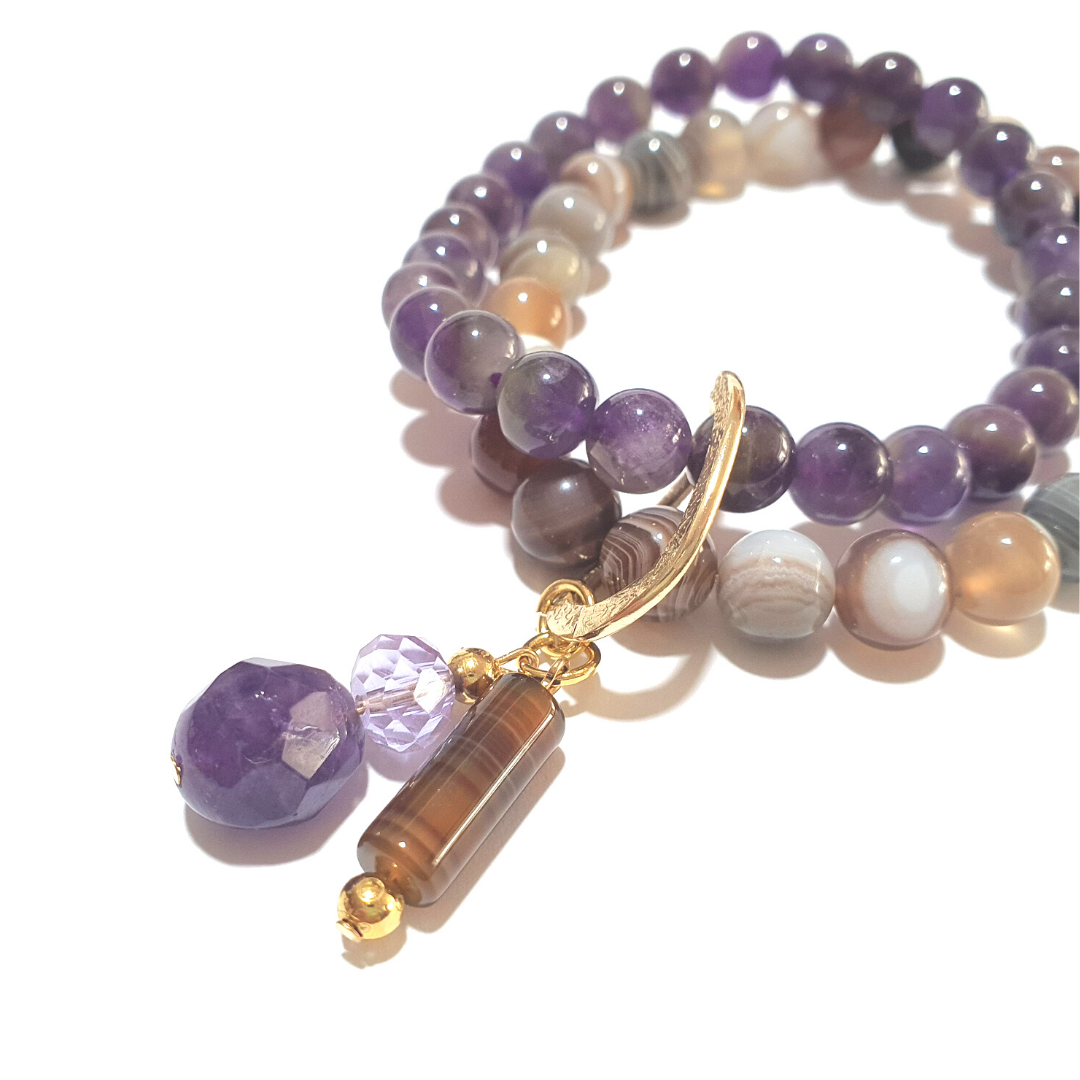 Amethyst and Botswana Agate double layer gemstone bracelet