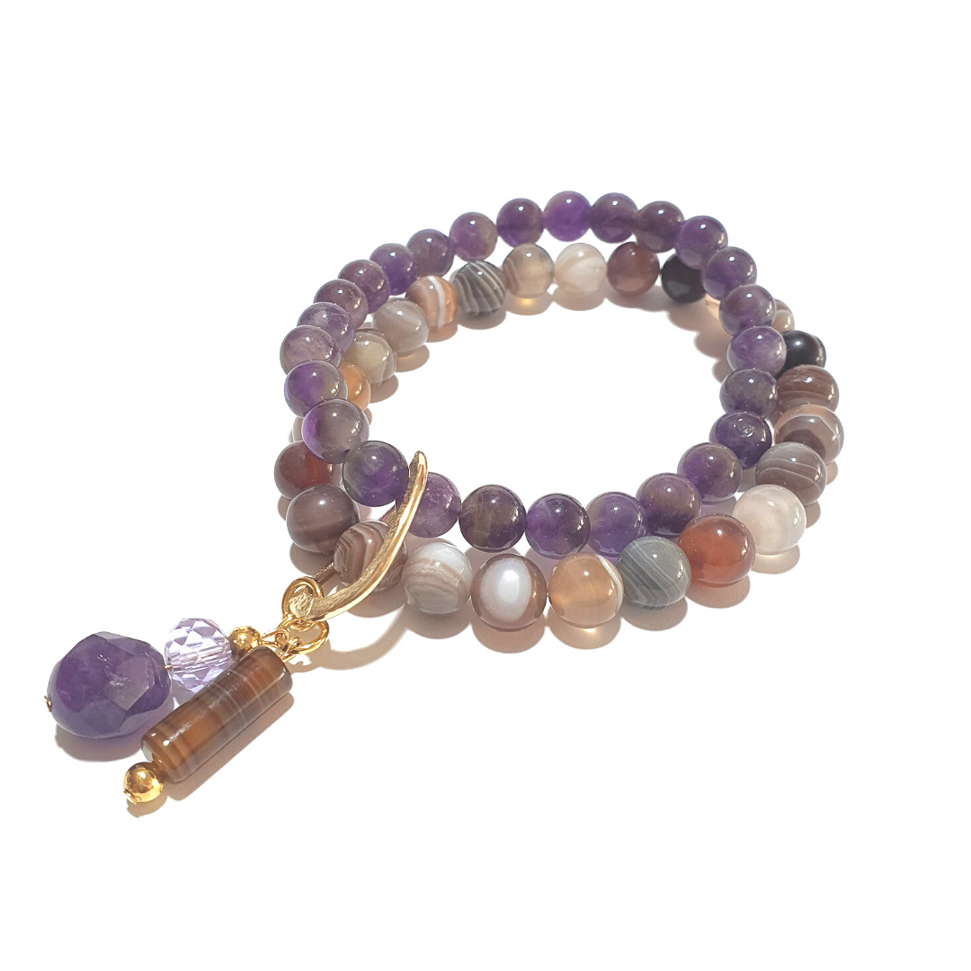 Amethyst and Botswana Agate double layer gemstone bracelet