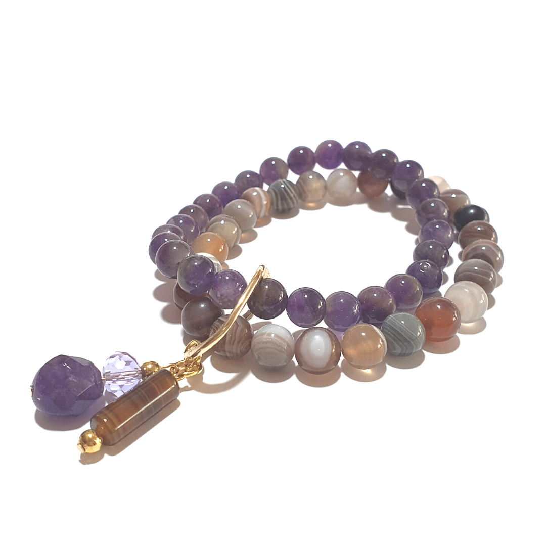 Amethyst and Botswana Agate double layer gemstone bracelet