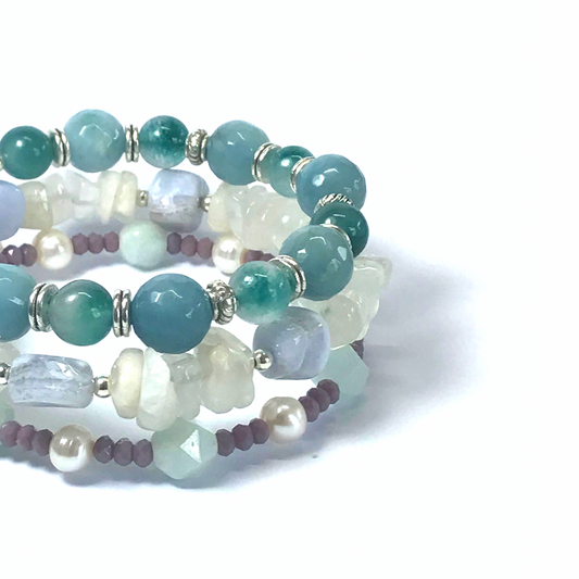 Amazonite, Freshwater Pearl, Moonstone, Blue Lace Agate, Chalcedony Rolled Bracelet