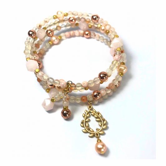 Flower Agate, Rose Quartz, Freshwater Pearl Rolled Bracelet