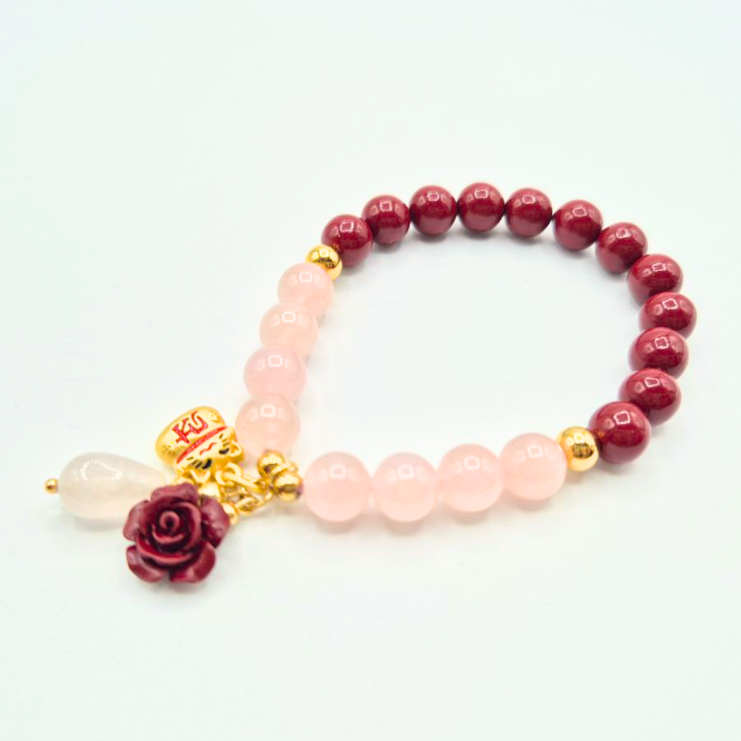 Love and Protection | Rose Quartz and Cinnabar with Cinnabar Rose, Rose Quartz Accent, and Lucky Cat Charm