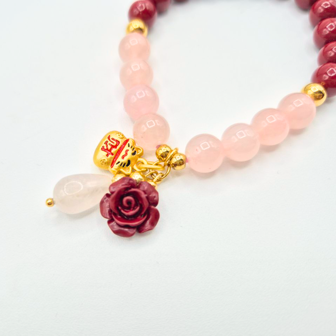 Love and Protection | Rose Quartz and Cinnabar with Cinnabar Rose, Rose Quartz Accent, and Lucky Cat Charm