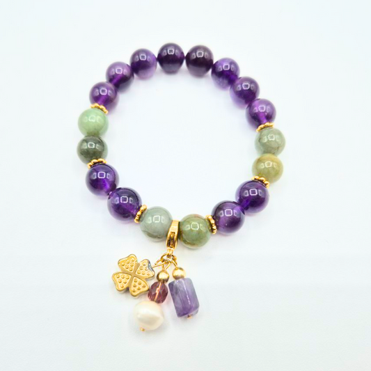 Healing and Abundance | Amethyst and Jade with Hematite Clover and Pearl Charm