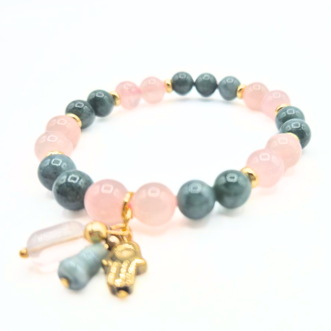 Love and Abundance | Rose Quartz and Blue Water Jade with Jade Wulou and Hematite Hamsa Charm