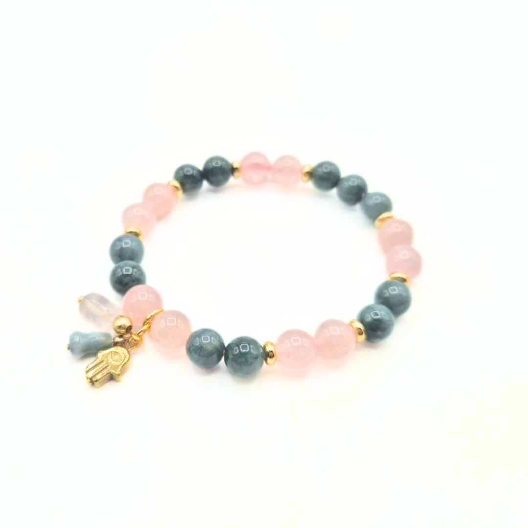 Love and Abundance | Rose Quartz and Blue Water Jade with Jade Wulou and Hematite Hamsa Charm