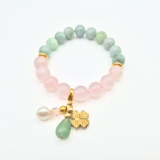 Love and Prosperity | Rose Quartz and Jade with Aventurine, Pearl, and Hematite Clover Charm