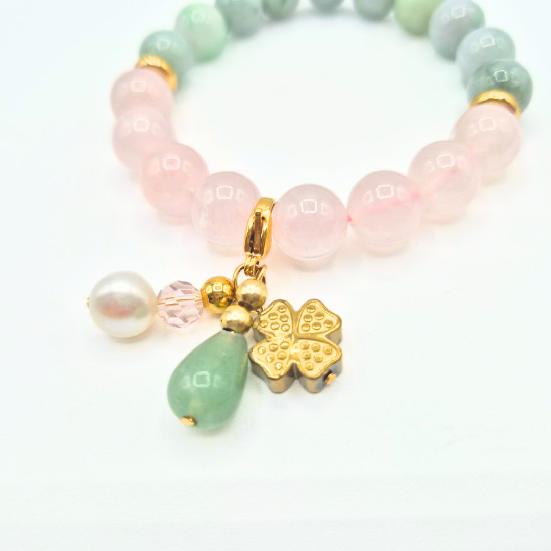 Love and Prosperity | Rose Quartz and Jade with Aventurine, Pearl, and Hematite Clover Charm