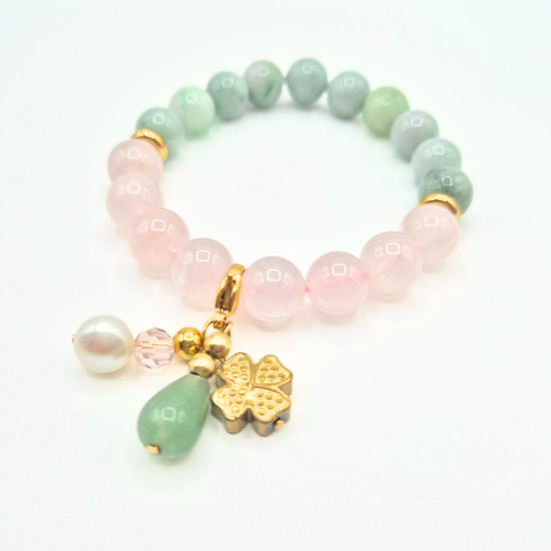 Love and Prosperity | Rose Quartz and Jade with Aventurine, Pearl, and Hematite Clover Charm