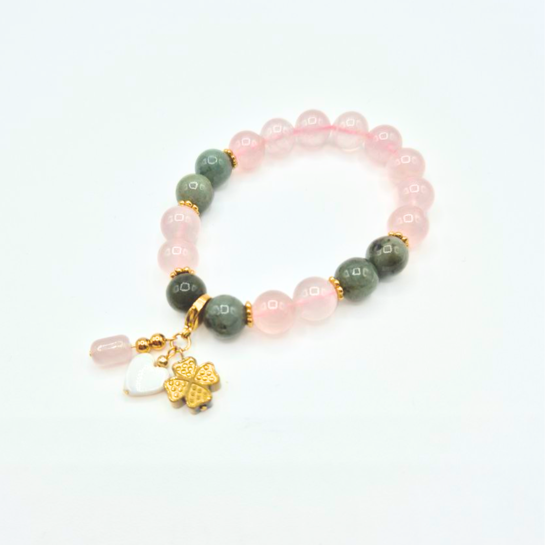 Love and Wealth | Rose Quartz and Jade with Abacus Rose Quartz, Hematite Clover, and Heart Shell Charms