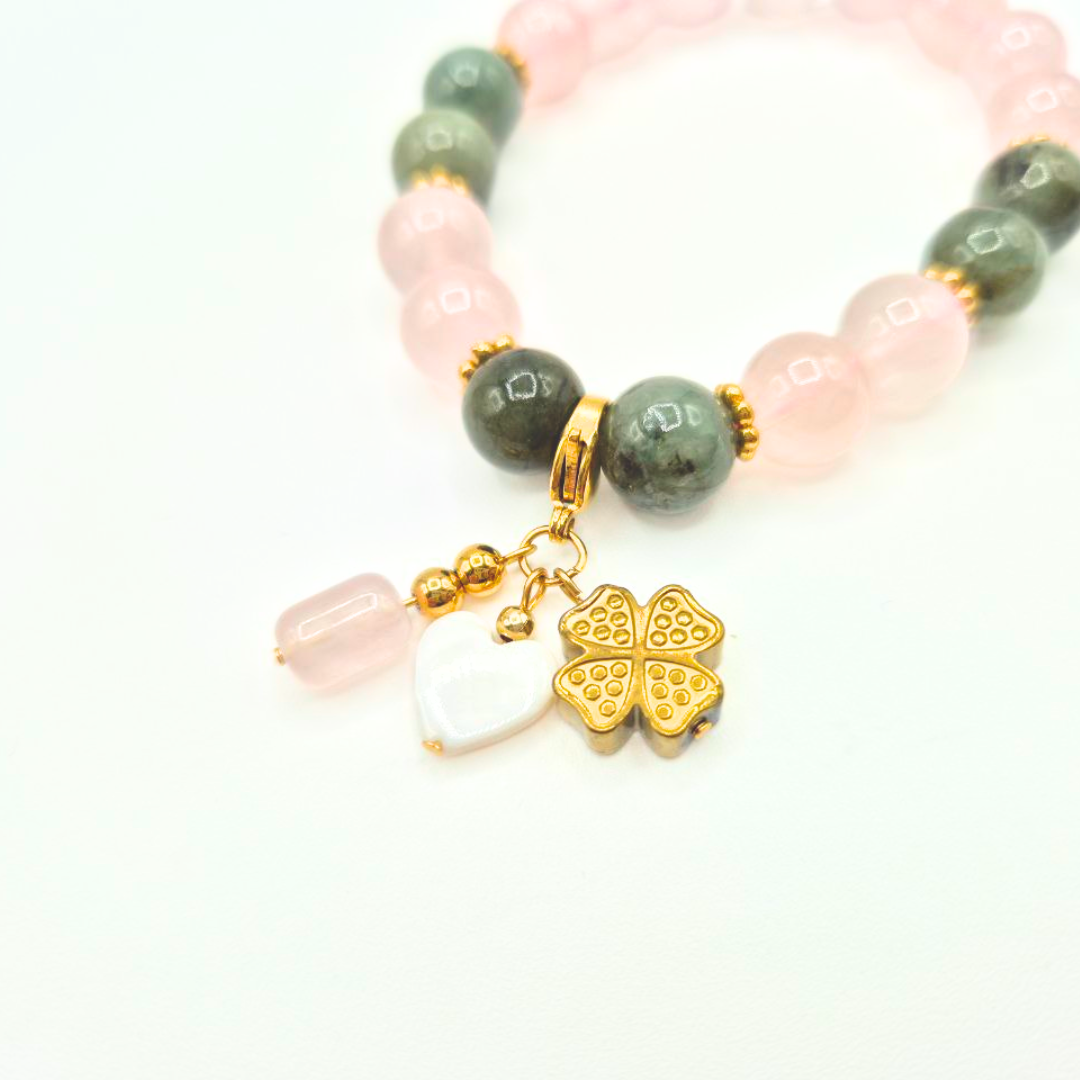 Love and Wealth | Rose Quartz and Jade with Abacus Rose Quartz, Hematite Clover, and Heart Shell Charms