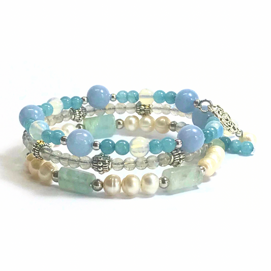 Aquamarine, Labradorite, Freshwater Pearl Rolled Bracelet