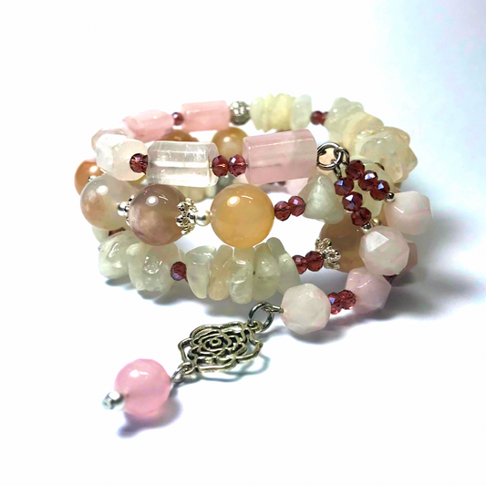 Rose Quartz, Moonstone, Flower Agate Rolled Bracelet