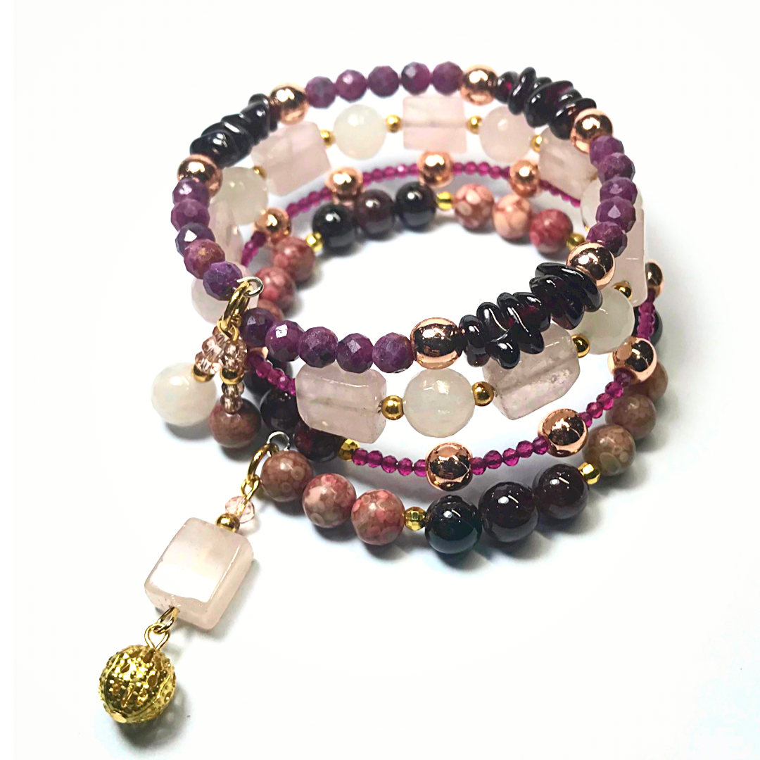 Garnet, Ruby, Rose Quartz, Ocean Jasper Rolled Bracelet