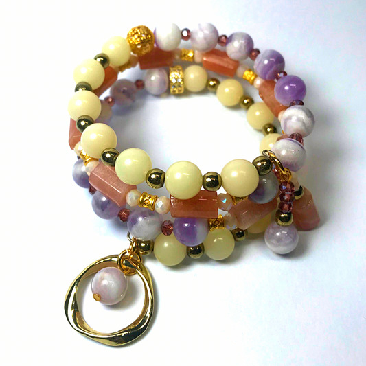 Dream Amethyst, Bodhi Seed, Sunstone Rolled Bracelet