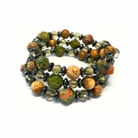 Unakite, Picture Jasper, Hematite Rolled Bracelet