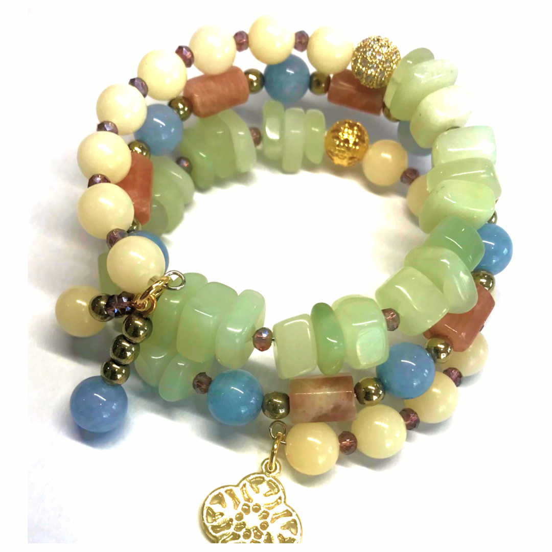 Jade, Bodhi Seed, Aquamarine, Sunstone Rolled Bracelet