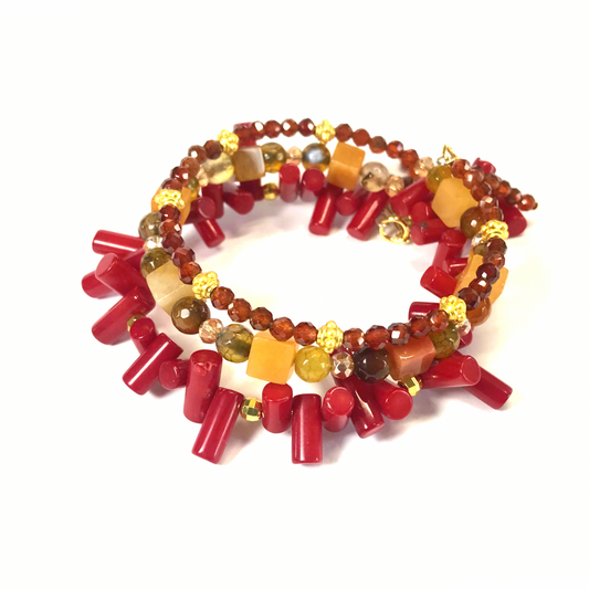 Orange Garnet, Yellow Aventurine, Agate, Red Coral Rolled Bracelet