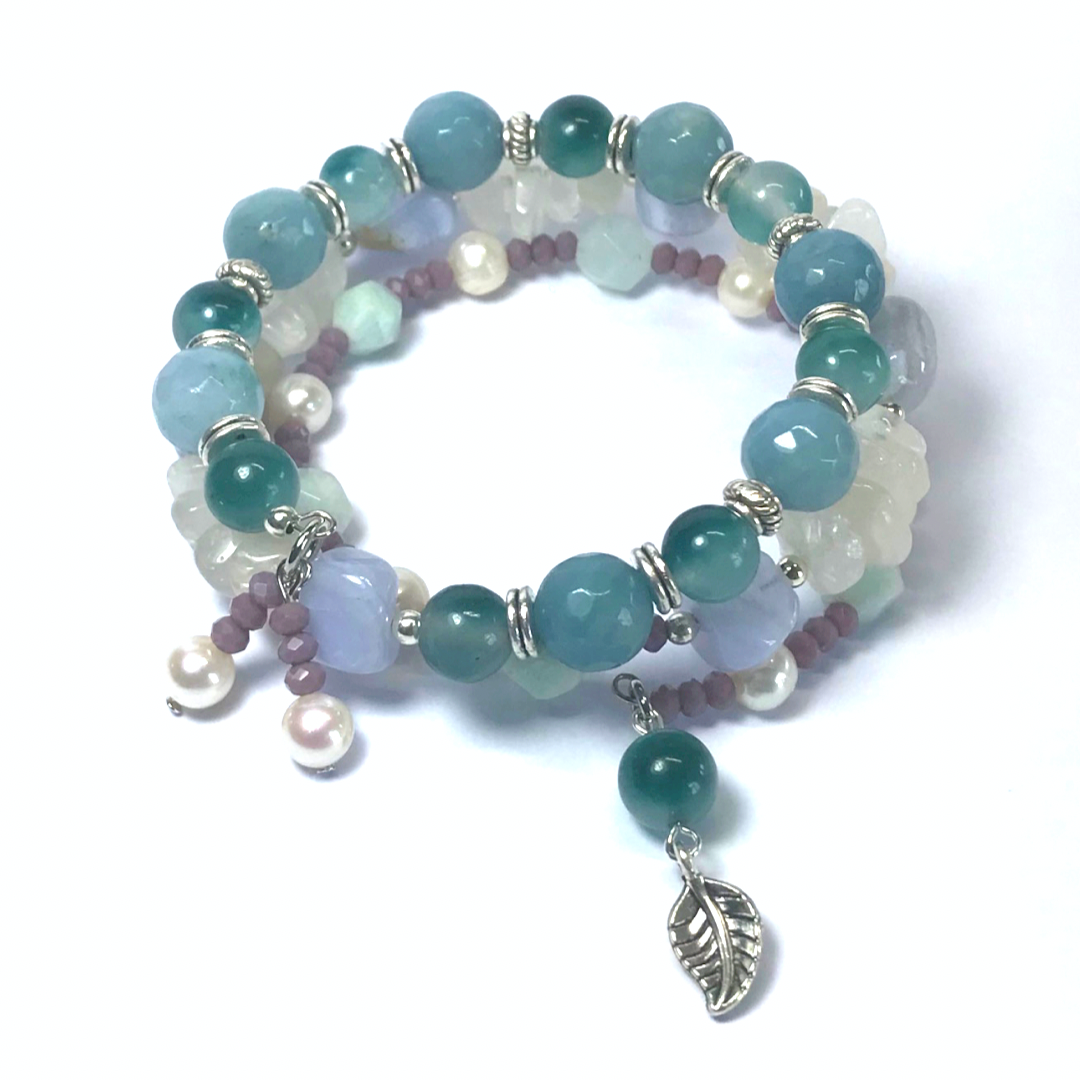 Amazonite, Freshwater Pearl, Moonstone, Blue Lace Agate, Chalcedony Rolled Bracelet