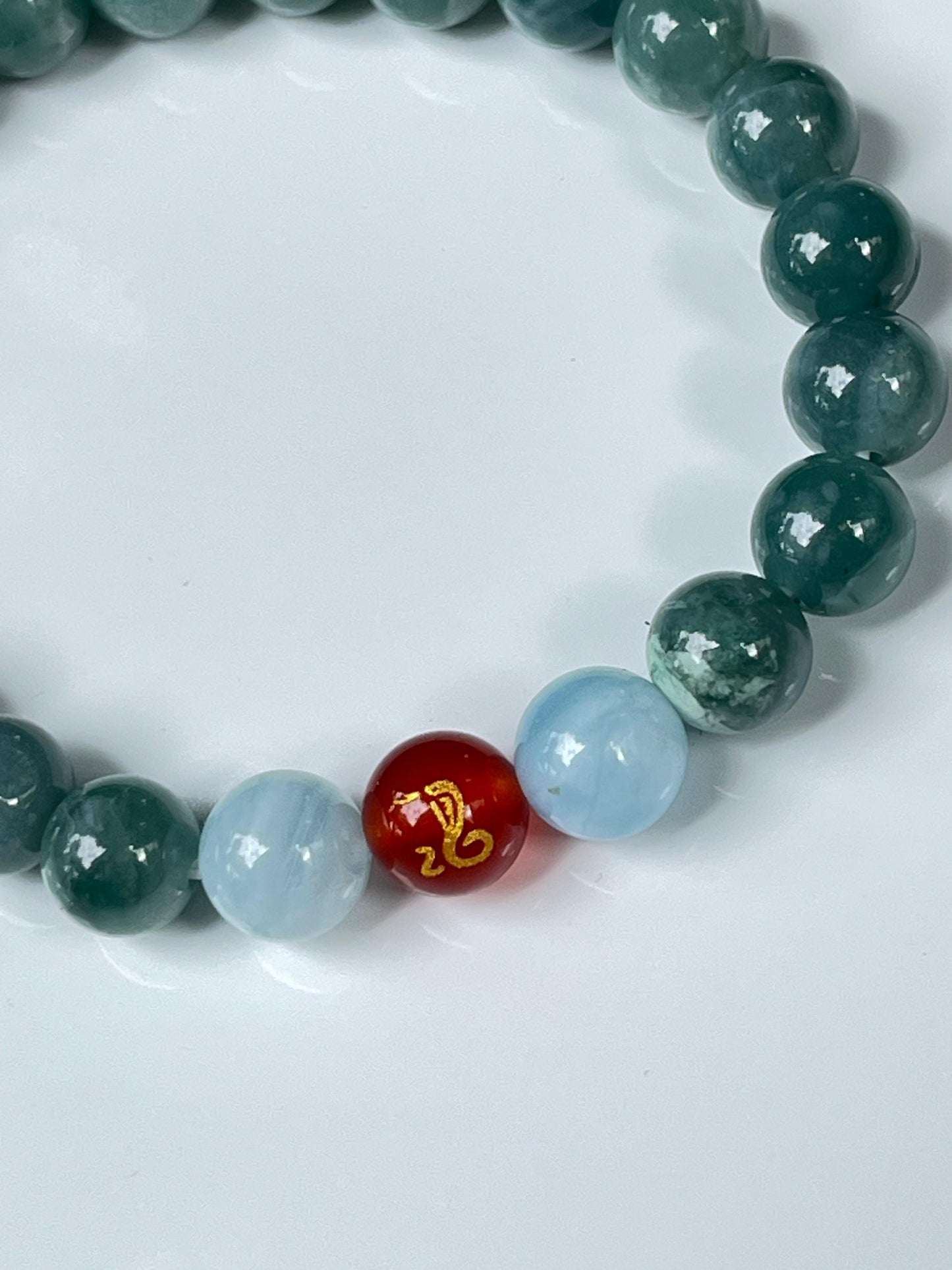 2025 Chinese Zodiac | Snake - Blue Water Jade and Aquamarine with Red Agate