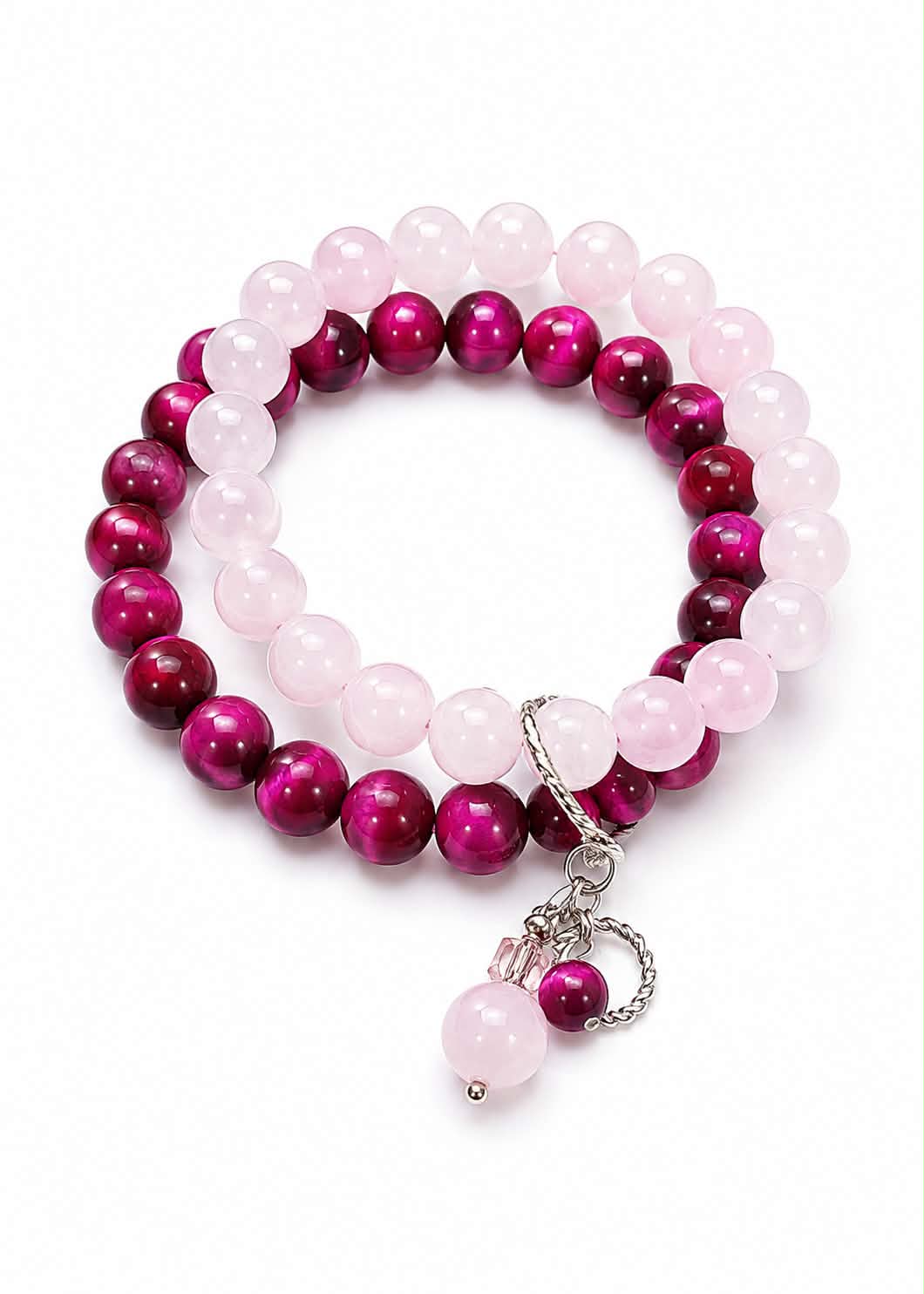 Magenta Tiger Eye and Rose Quartz Double Layer with Heart Charm