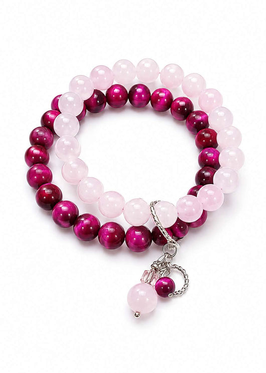 Magenta Tiger Eye and Rose Quartz Double Layer with Heart Charm