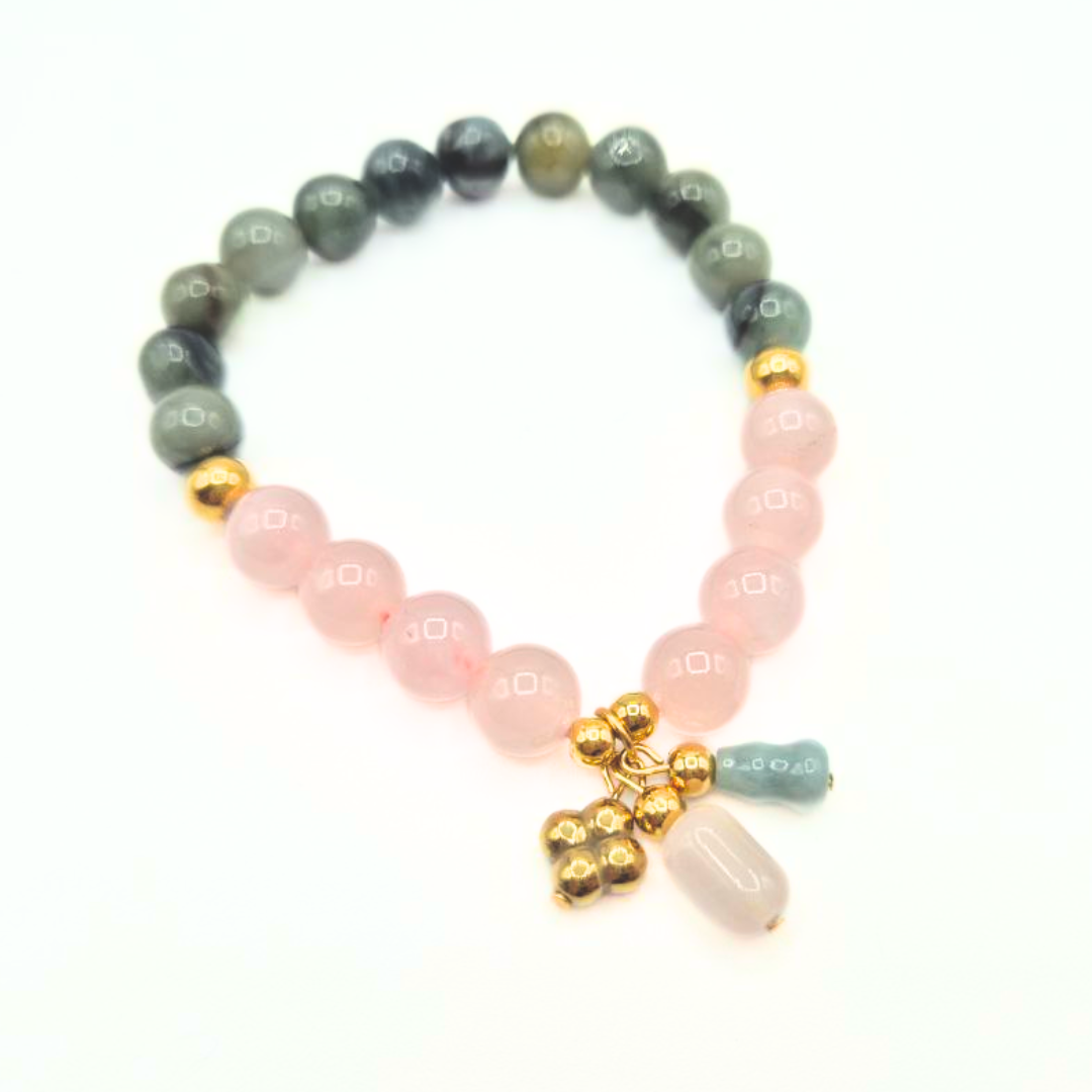 Love and Luck | Rose Quartz and Jade with Jade Wulou and Hematite Clover Charm